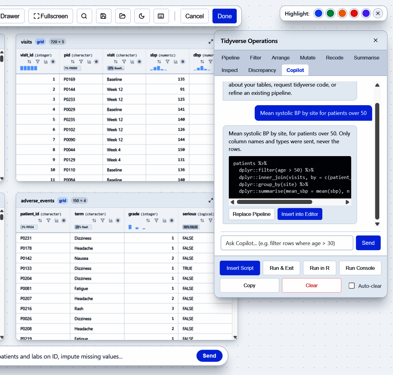 Copilot tab answering a question with tidyverse code and buttons to use it