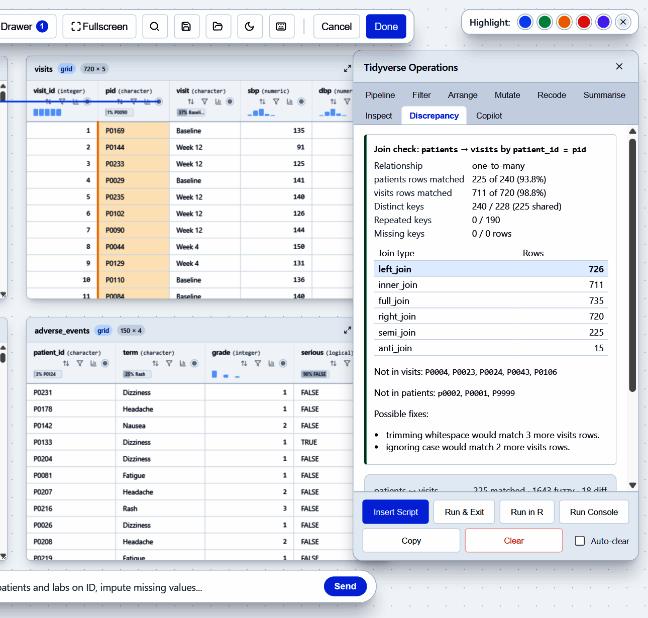 Join check: one-to-many, 94% of patients matched, rows for each join type, unmatched keys and fixes