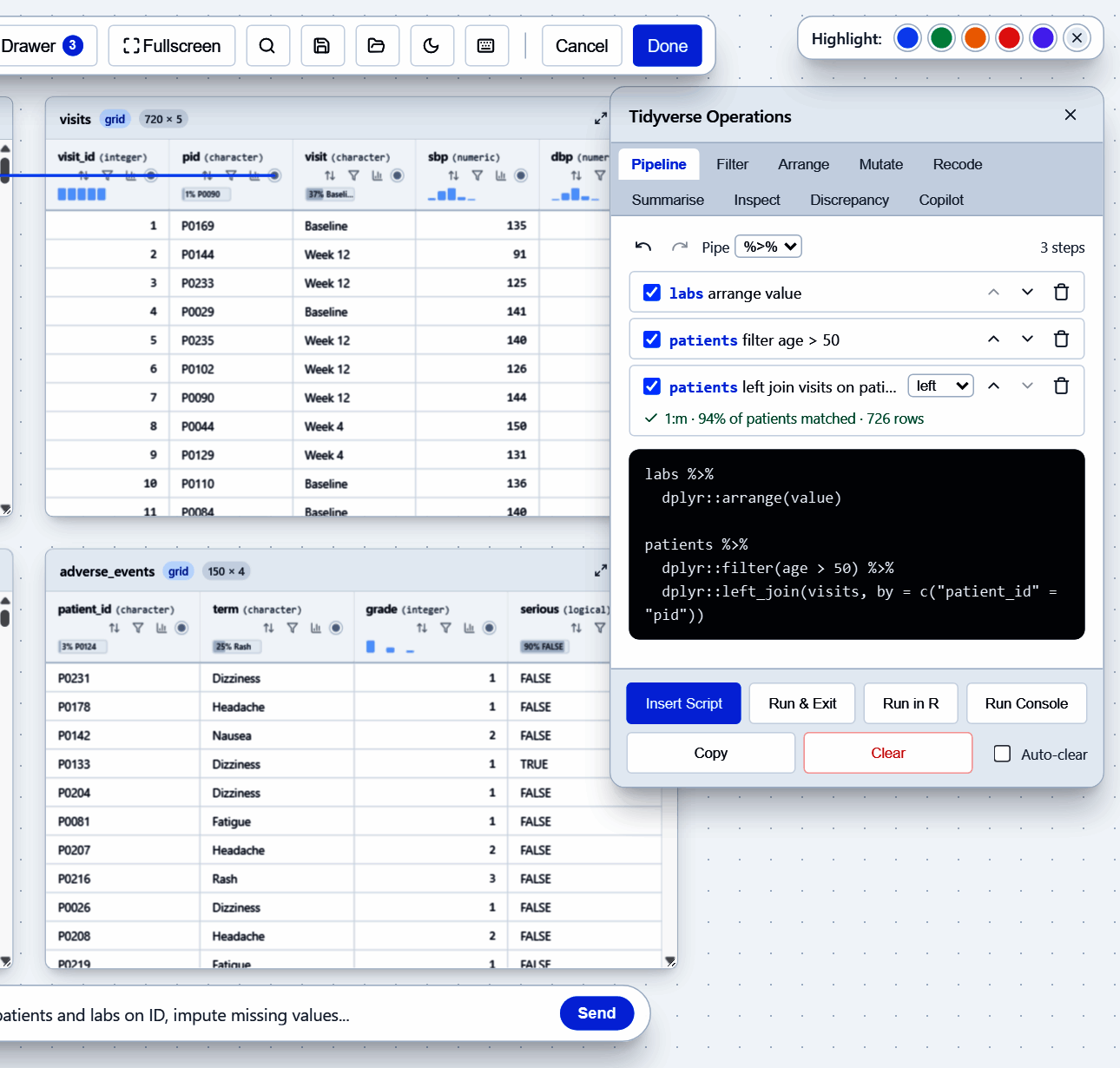 Pipeline tab with three steps (arrange, filter, left join) and the R code they make