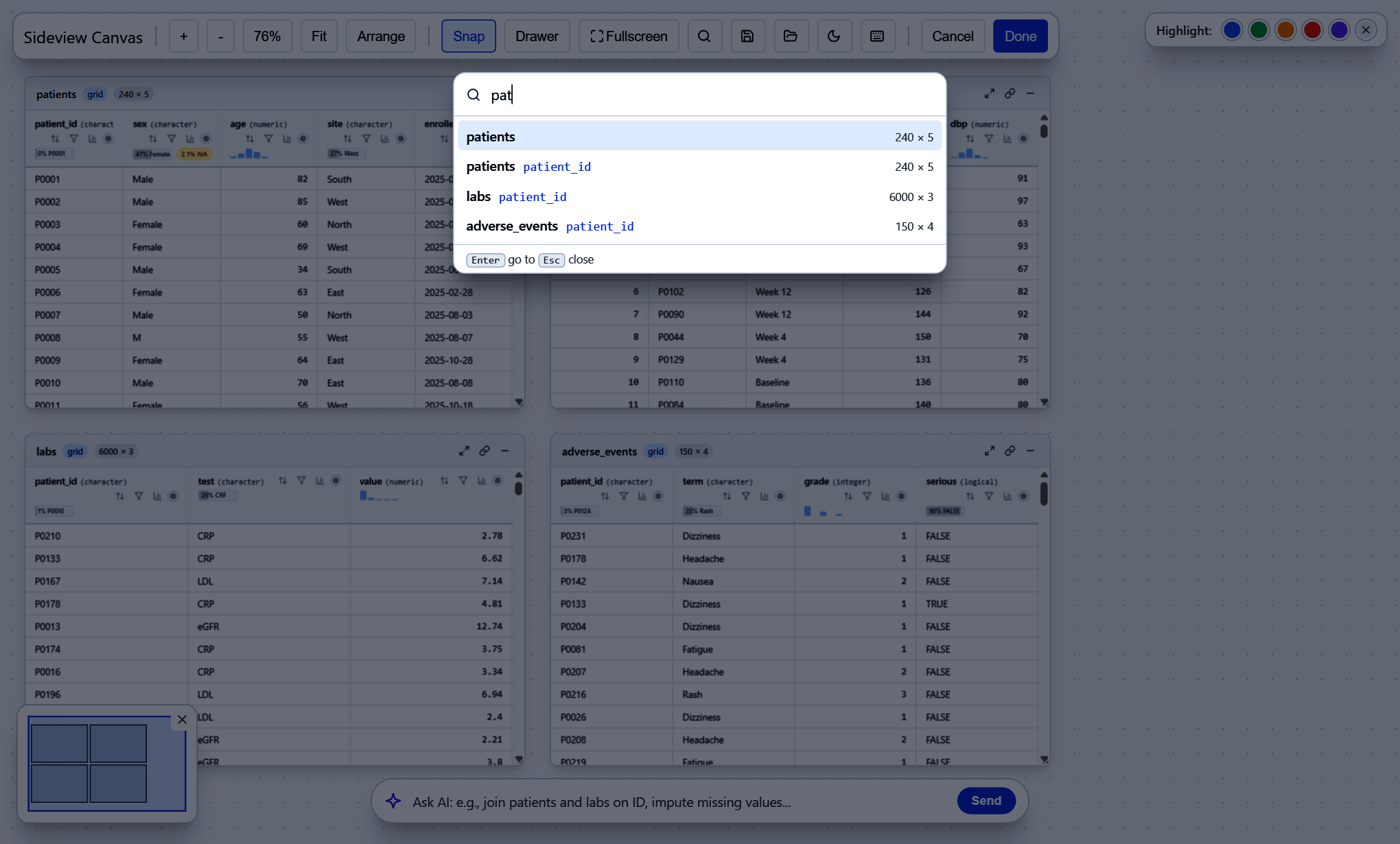 Search dialog listing the patients card and every patient_id column